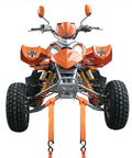 Orange ATV secured with Soft Loops Tie Down Straps 4 Pack 12,000 Lbs Max Strength 18 Inch By 1.7 Inch Heavy Duty Motorcycle Tie Downs