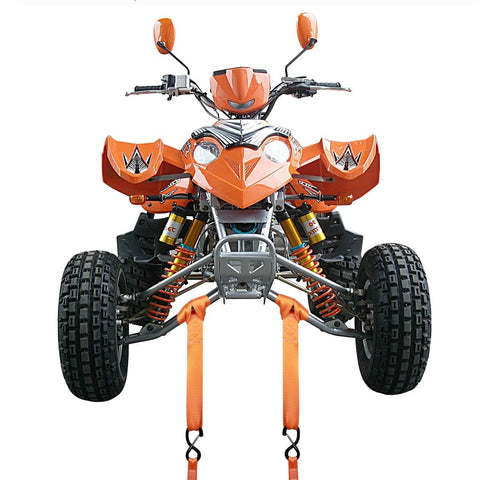 Orange ATV secured with Soft Loops Tie Down Straps 4 Pack 12,000 Lbs Max Strength 18 Inch By 1.7 Inch Heavy Duty Motorcycle Tie Downs