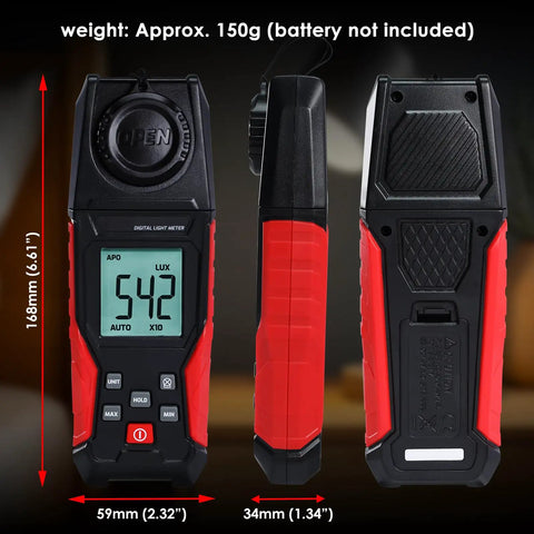 Handheld Lux Meter With Big LCD Display Data Hold And Backlight Fast Read High Accuracy For Indoor Outdoor Light Measurement 0.1 To 200000 Lux Wide Range Perfect For Photography Studio Gardening And Plant Growth, black-red plastic, 168mm x 59mm