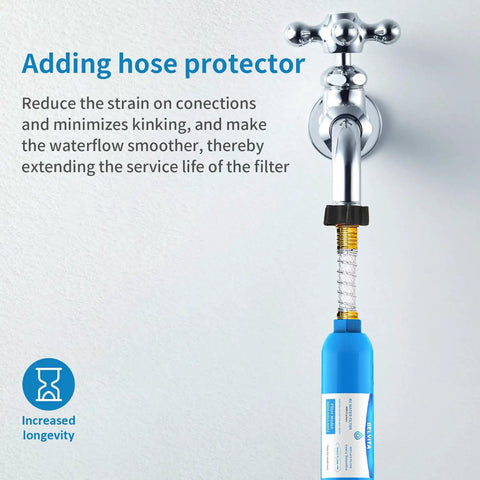 RV Inline Water Filter With Flexible Hose Protector For RVs And Marine Use 2 Pack Drinking And Washing Filter Reduces Lead Fluoride Chlorine Bad Taste And Odor connected to tap