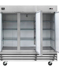 Top Shelf Three Door Commercial Reach In Freezer With Seventy Two Cubic Feet Of Storage showing interior shelves and stainless construction.