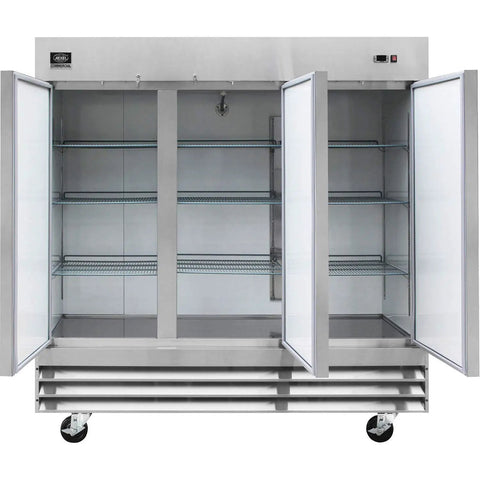 Top Shelf Three Door Commercial Reach In Freezer With Seventy Two Cubic Feet Of Storage showing interior shelves and stainless construction.