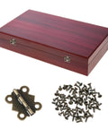 12 Pcs Small Butterfly Hinges Antique Bronze Mini Metal Hinges 20 x 17mm For DIY Wooden Jewelry Boxes Cabinets Crafts With 48 Tiny Screws Durable Iron Construction shown with screws and a wooden box.