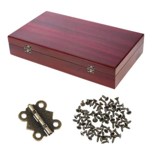 12 Pcs Small Butterfly Hinges Antique Bronze Mini Metal Hinges 20 x 17mm For DIY Wooden Jewelry Boxes Cabinets Crafts With 48 Tiny Screws Durable Iron Construction shown with screws and a wooden box.