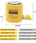 Straight Up Heavy Duty 30 Ton Hydraulic Jack Porta Power Ram Kit With CP 700 Manual Hand Pump Featuring 2 Inch Stroke Mini Cylinder Built Tough Zero Leak Seals Smooth Release Valve Solid Non Slip Handle Yellow close-up of RSC-3050 cylinder dimensions and specifications.