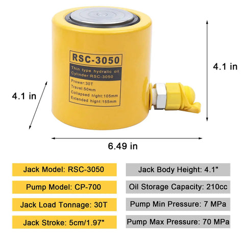 Straight Up Heavy Duty 30 Ton Hydraulic Jack Porta Power Ram Kit With CP 700 Manual Hand Pump Featuring 2 Inch Stroke Mini Cylinder Built Tough Zero Leak Seals Smooth Release Valve Solid Non Slip Handle Yellow close-up of RSC-3050 cylinder dimensions and specifications.
