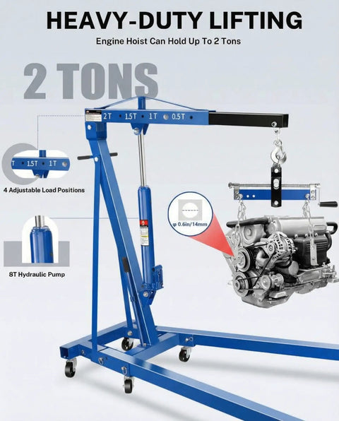 Professional Two Ton Folding Hydraulic Engine Hoist With Six Swivel Wheels And Adjustable Boom Cherry Picker lifting an engine with adjustable height.