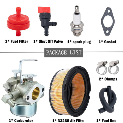 Package contents including Drop In Replacement Carburetor For Tecumseh 640152A 640023 640051 640140 640260B 8 10 HP.