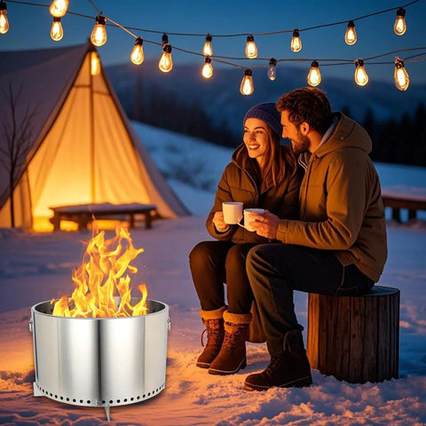 Smokeless Fire Pit For Campfires And Chill 20.5 Inch Wood Burning Camping Stove With Removable Stand And Ash Pan in snow camp