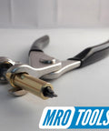 All In One Cleco Fasteners Kit With Pliers And Side Grip Clamps, close-up of pliers with brass fastener tip.
