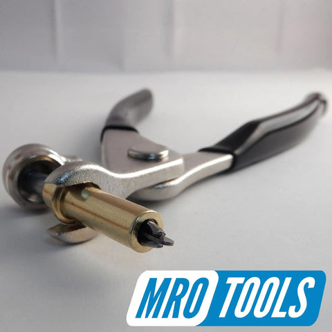 All In One Cleco Fasteners Kit With Pliers And Side Grip Clamps, close-up of pliers with brass fastener tip.