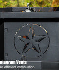 Close-up of 35 Inch Octagonal Outdoor Fire Pit with pentagram vents for efficient combustion, in rust-resistant iron