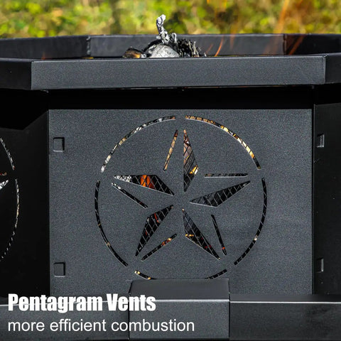 Close-up of 35 Inch Octagonal Outdoor Fire Pit with pentagram vents for efficient combustion, in rust-resistant iron