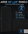 Two Pack Black Egg Crate Acoustic Foam Wall Panels With Peel And Stick Backing For Home Studios High Density Sound Dampening Tiles. Size 48x24x2 inches.