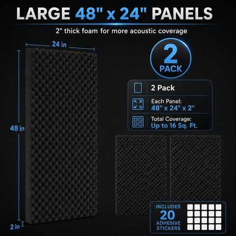 Two Pack Black Egg Crate Acoustic Foam Wall Panels With Peel And Stick Backing For Home Studios High Density Sound Dampening Tiles. Size 48x24x2 inches.