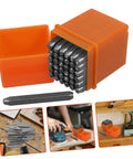 Awesome 37 Piece Metal Stamping Kit With Letters Numbers Heart Symbols And Punches for DIY Crafting, featuring orange storage case.