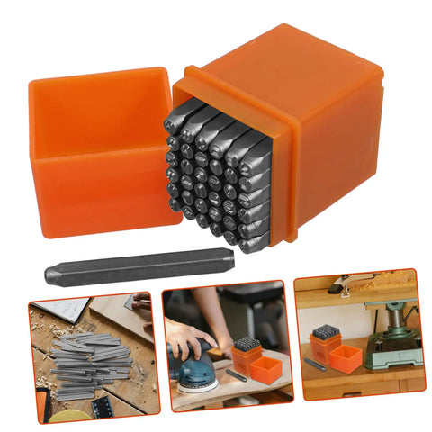 Awesome 37 Piece Metal Stamping Kit With Letters Numbers Heart Symbols And Punches for DIY Crafting, featuring orange storage case.