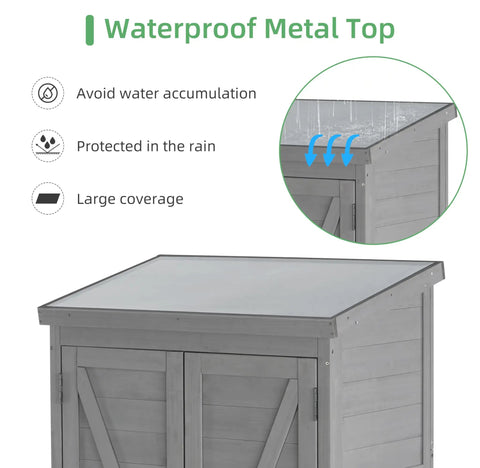 Outdoor Cedar Wood Storage Shed With Metal Top Built To Last tool cabinet showing waterproof metal top for backyard weather resistance.
