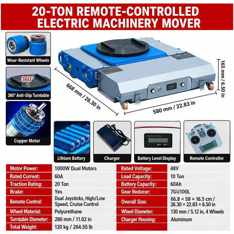 No Sweat Heavy Duty Electric Machinery Dolly With Wireless Remote Control for 20-ton moving with 360-degree turntable, blue design.