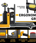 Heavy Duty Electric Ride On Pallet Jack Truck 5500 LB Capacity controls showing ergonomic grip, horn button, lifting button, accelerator knob.