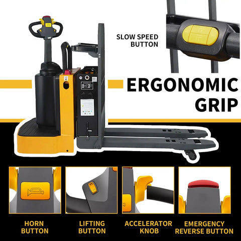 Heavy Duty Electric Ride On Pallet Jack Truck 5500 LB Capacity controls showing ergonomic grip, horn button, lifting button, accelerator knob.