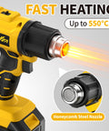 Cordless Heat Gun Kit With Dual Temp Up To 1022 F, 550 C, lightweight yellow tool with glowing nozzle and honeycomb steel tip