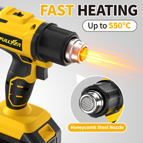 Cordless Heat Gun Kit With Dual Temp Up To 1022 F, 550 C, lightweight yellow tool with glowing nozzle and honeycomb steel tip
