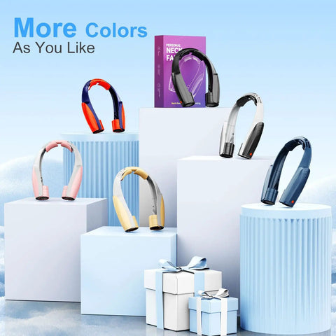 Multiple Portable Neck Fan With 6 Speeds And 8000mAh Battery in assorted colors displayed on boxes.