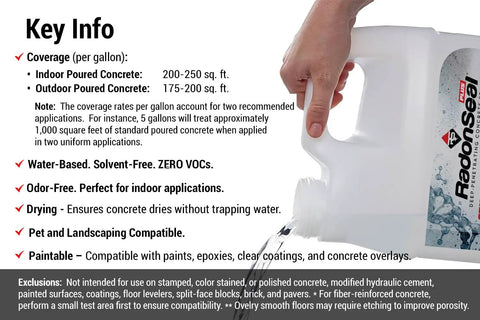 Key info about Deep Penetrating Concrete Sealer For Basement Floors And Foundation Walls 5 Gallon tank with coverage details.