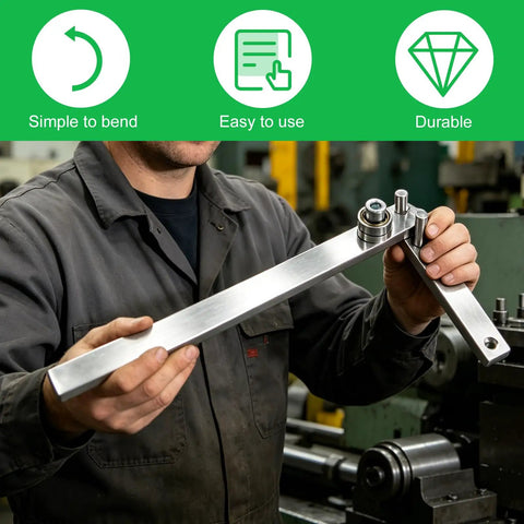 Penitue Manual Wire Bending Tool For Desktop being held by a user, showcasing the sturdy ferroalloy steel design in a workshop.