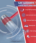 Close-up of blue and red thread locker on bolt threads for nuts and bolts; medium to strong strength.