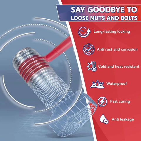 Close-up of blue and red thread locker on bolt threads for nuts and bolts; medium to strong strength.