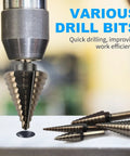 Close-up of Ten Bit Set With Five Step Drill Bits And Five Countersink Bits For Metal Titanium Coated In A Heavy Duty Aluminum Case Replacing Fifty Sizes Of Step Bits For DIY Projects Rocaris.