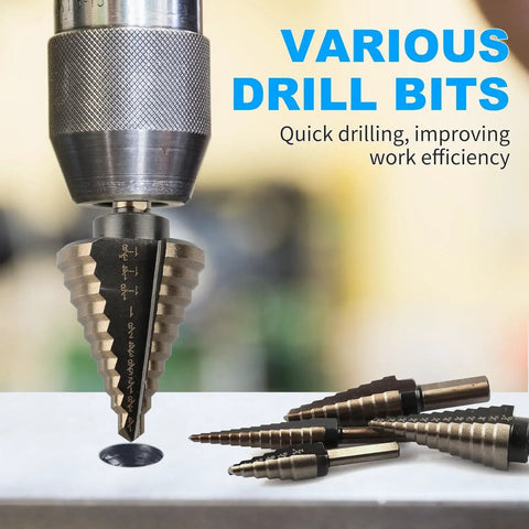 Close-up of Ten Bit Set With Five Step Drill Bits And Five Countersink Bits For Metal Titanium Coated In A Heavy Duty Aluminum Case Replacing Fifty Sizes Of Step Bits For DIY Projects Rocaris.
