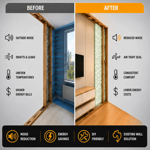 Before and after comparison of Solid Open Cell Injection Foam Insulation Kit Delivers One Hundred Cubic Feet Coverage, showcasing improved insulation.