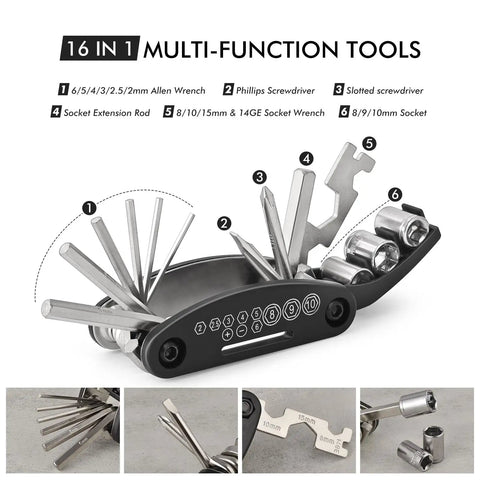 Ride Ready Bike Repair Kit With 16 In 1 Multitool Tire Levers And Patch Kit For Cyclists On Road And Trail Portable Chrome Tools