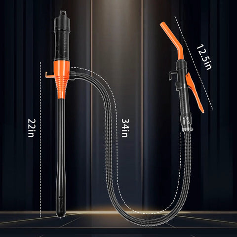 Portable Battery Powered Fuel Transfer Pump, 3.2 GPM Hand Pump For Vehicles Boats Lawn Equipment, shown with hose dimensions.