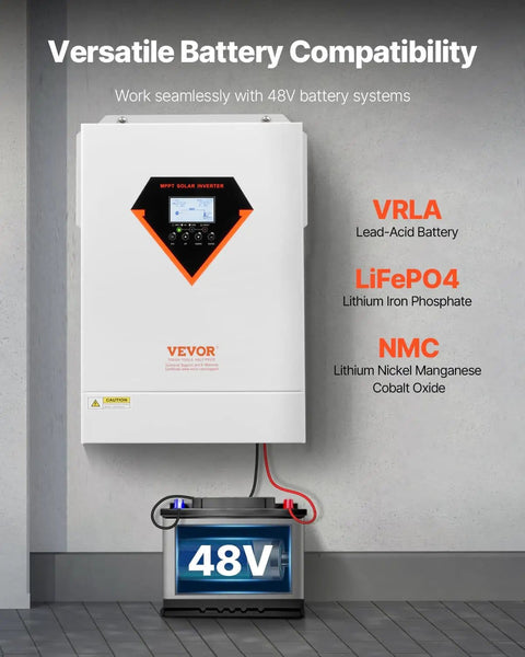 Beefy 6000W Hybrid Solar Inverter 48V DC To 230V AC Single Phase Pure Sine Wave with battery compatibility display.