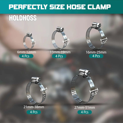 20 Piece Heavy Duty Stainless Steel Hose Clamp Set For Plumbing Automotive Fuel Lines And Mechanical Use Adjustable Worm Gear Clamps 6mm To 51mm Size Range Durable Rustproof Corrosion Resistant with size labels