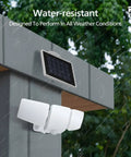 Big 3600 Lumen Solar Flood Lights With Separate Panel installed outdoors showing weatherproof feature.