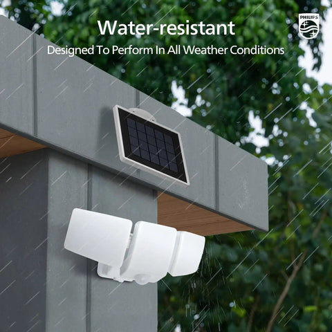 Big 3600 Lumen Solar Flood Lights With Separate Panel installed outdoors showing weatherproof feature.