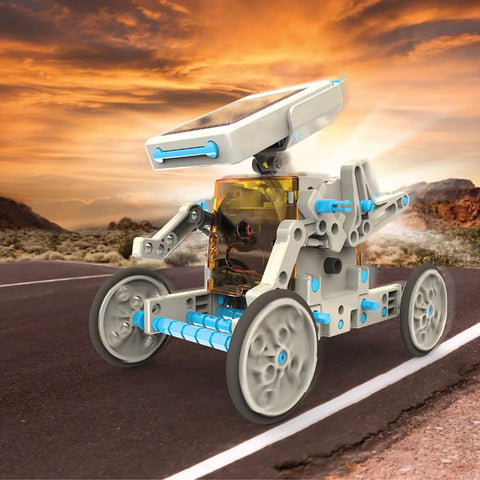Solar Robot Creation Kit With 197 Pieces And 12 Real Working Robots From One Set, Solar Powered Motorized Engine, Gear System, Tires And Shafts, STEM Construction Playset For Ages 8 And Up assembled solar robot car with four wheels on road