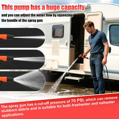 Man using Beefy 12V Wash Down Pump Kit With 7.5 GPM And 80 PSI For Boats RVs And Campers, spray gun showing water flow