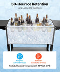 80 Quart Rolling Ice Chest With Divider Holds 110 Cans Or 50 Bottles Portable Outdoor Drink Cart showcasing ice and bottled drinks
