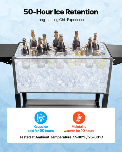 80 Quart Rolling Ice Chest With Divider Holds 110 Cans Or 50 Bottles Portable Outdoor Drink Cart showcasing ice and bottled drinks