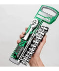 Heavy Duty One Quarter Inch Drive Ratchet And Socket Set Crafted From Rugged Chrome Vanadium Steel Packed With Versatile Sizes Built For Garage Work And Mechanics, shown in hand.