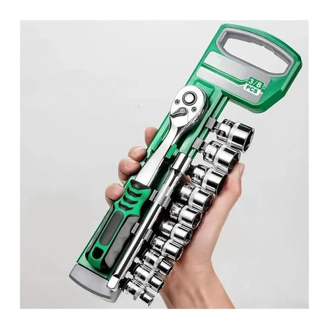 Heavy Duty One Quarter Inch Drive Ratchet And Socket Set Crafted From Rugged Chrome Vanadium Steel Packed With Versatile Sizes Built For Garage Work And Mechanics, shown in hand.