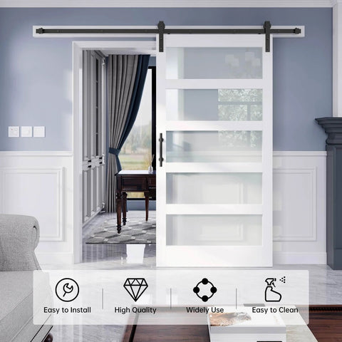 42x84 Inch Glass Barn Door Slab With 7Ft Sliding Hardware Kit And Handle, Five Frosted Glass Panels, installed in a living room