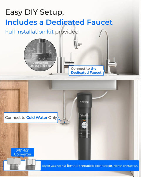 Installation setup of Under Sink Water Filter System 15UB With Faucet Reduces PFAS PFOA PFOS Lead Chlorine Bad Taste And Odor NSF ANSI 42 Certified Cold Water Only 2 Year Use Budget Friendly Replacement Filters Under 35 Each
