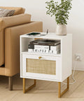 Rattan Boho Nightstand With Charging Station Dope Space Saving Farmhouse Wood Bedside Table With Storage Drawer And Open Shelf Gold